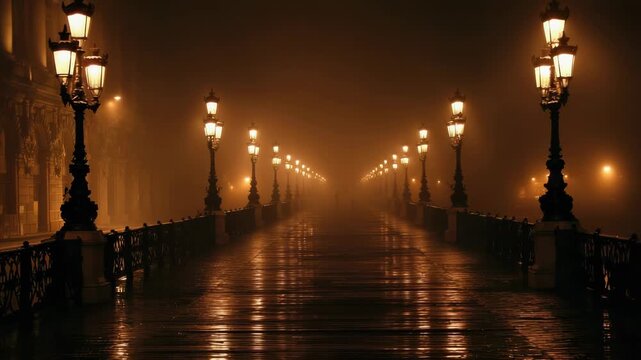 Empty Bridge Illuminated by Gas Lamps on a Foggy Night Reflecting on Wet Pavement with Ornate Railings and Architectural Building Facade