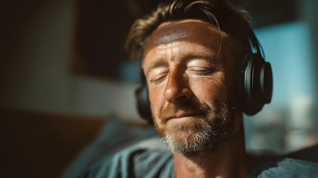 Middle-aged Caucasian man with beard wearing headphones, eyes closed in peaceful expression while enjoying music in warm ambient lighting.