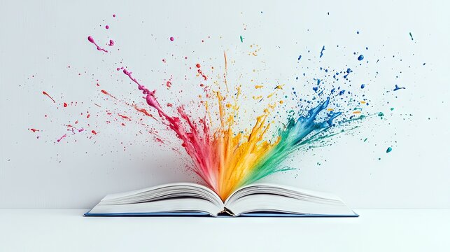 An open book with a blue cover lies on a white surface. Vivid splashes of multi-colored paint erupt from the pages, creating a dynamic and abstract explosion of