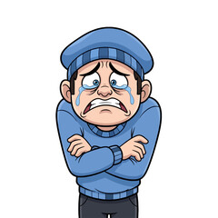 Obraz premium Cartoon illustration of a sad man crying and shivering from cold, wearing a blue beanie and sweater with crossed arms.