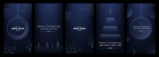 Set of elegant blue and silver glitter Christmas and Happy New Year 2026 vertical greeting cards. Winter holiday celebration banner collection. © marruu