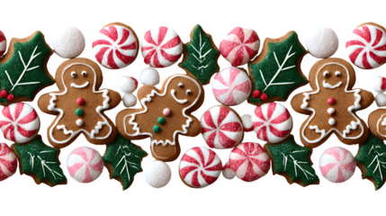 Cute seamless border made of tiny gingerbread cookies, peppermint candies, and holly leaves alternating in a playful repeating pattern, cheerful holiday style isolated on white background 