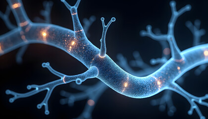 Close-up of a neuron cell with glowing synapses on a dark background