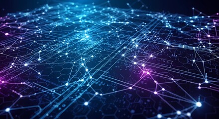 Fototapeta premium Abstract futuristic blue neon circuit board and data flow background. Generative AI