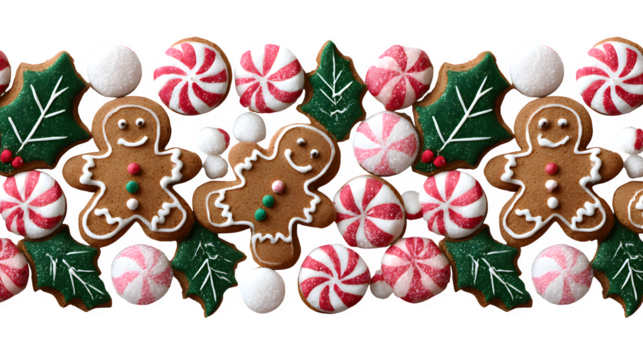 Cute seamless border made of tiny gingerbread cookies, peppermint candies, and holly leaves alternating in a playful repeating pattern, cheerful holiday style isolated on white background 