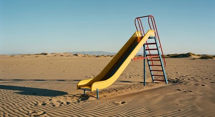 Fototapeta premium A surreal and lonely scene of a colorful children's slide abandoned in a vast, empty desert landscape with rippled sand and distant mountains under a clear blue sky