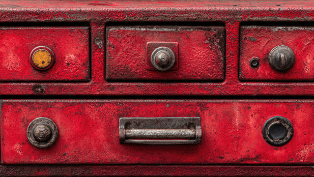 A distressed, vibrant red industrial-style cabinet with various vintage metal drawers and rustic hardware, showcasing antique texture.