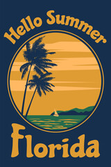 Hello Summer Retro Poster Florida. Tropical coast beach, palm
