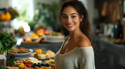 Young woman with curly hair smiling in kitchen with fresh produce and healthy food spread on counter, representing healthy lifestyle and home cooking.