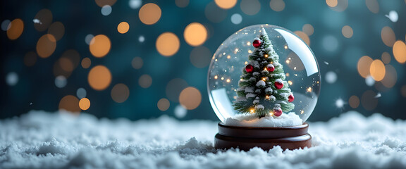 Christmas snow globe with a festive tree and falling snow