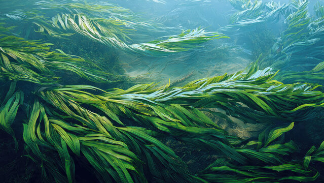 Lush green underwater plants sway in clear, sunlit water, revealing a serene and vibrant aquatic ecosystem with a gentle flow and subtle depths.