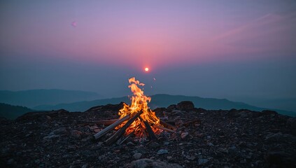 Fototapeta premium Mountain campfire burning at sunset with vibrant sky, glowing flames, rocky terrain, and distant rolling hills creating a peaceful wilderness atmosphere