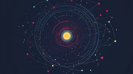 Abstract solar system illustration with colorful orbital lines and cosmic elements

