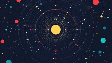 Abstract solar system illustration with colorful planetary orbits and cosmic elements