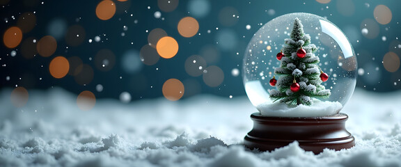 Christmas snow globe with festive tree and falling snow on a winter background