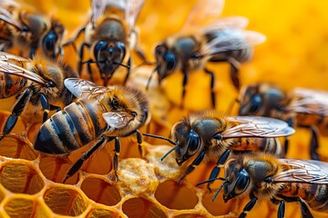 Honeybees working on golden honeycomb cells, collecting nectar and producing honey in beehive, macro close-up showing detailed insect anatomy.