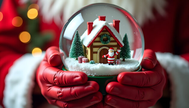 Santa Claus holding a festive Christmas snow globe decoration