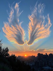 Dramatic angel wing-shaped clouds illuminated by golden sunset light over city skyline, creating ethereal atmospheric phenomenon against blue sky.