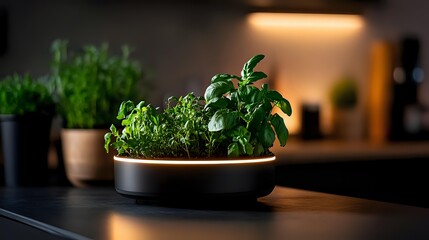 Fototapeta premium Fresh aromatic herbs growing in modern indoor garden planter with LED lighting on kitchen countertop, creating sustainable home culinary space.