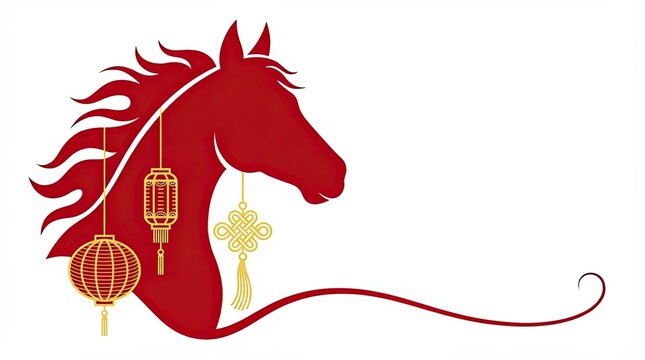Elegant red horse profile with golden festive lanterns and knot design