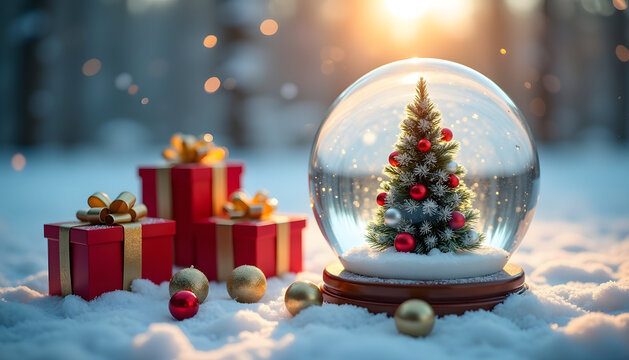 Christmas snow globe with a festive tree and presents in a winter wonderland scene - Powered by Adobe