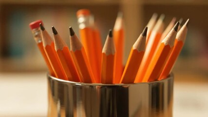 A close-up shot of a group of pencils inside a metallic container with blurred background - Powered by Adobe