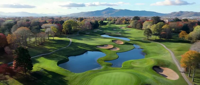Scenic aerial drone flight over a beautiful green golf course with mountain background.