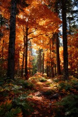 Obraz premium Sunlit Fall Woodland Covered in Warm Colorful Foliage and Soft Light 