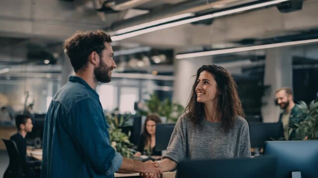 Business people shaking hands in a modern coworking office space - Powered by Adobe