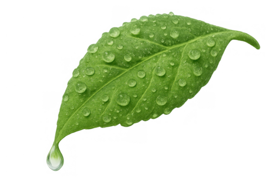 Green plant leaf with fresh water drops and a single dewdrop falling, symbolizing purity, nature, and freshness on transparent background