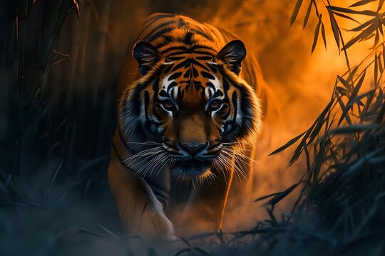 Majestic Bengal tiger emerging from shadows with intense gaze against dramatic orange background, surrounded by silhouetted bamboo foliage. - Powered by Adobe