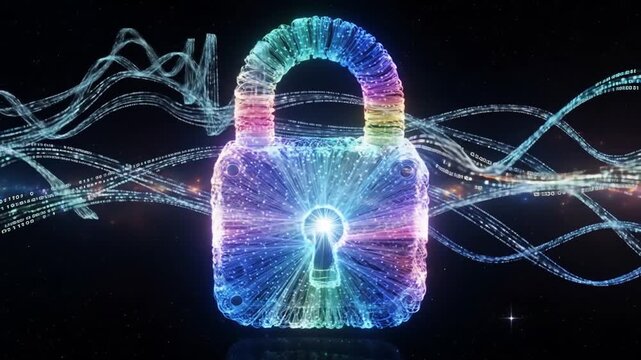 A glowing digital padlock made of vibrant rainbow particles symbolizes cybersecurity, data protection, and secure network technology