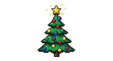 Charming pixel art Christmas tree icon, brightly adorned with a sparkling star and colorful baubles, bringing festive cheer to any digital holiday project