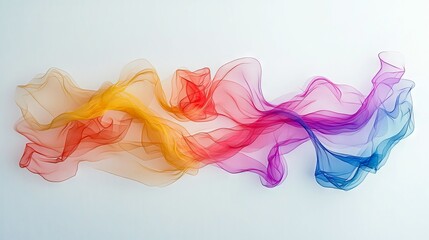 A translucent, flowing fabric sculpture with a gradient of colors from yellow and orange to red, pink, purple, and blue, suspended against a plain white backgro