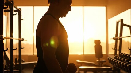 Overweight man silhouetted against bright sunlight working out indoors