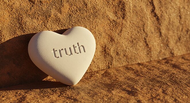 Heart-shaped object with the word "truth" engraved, placed on rough, textured brown surface