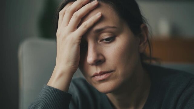 A woman's face, etched with worry and sadness, conveys a poignant moment of introspection, capturing the weight of the moment in a quiet, intimate portrait.