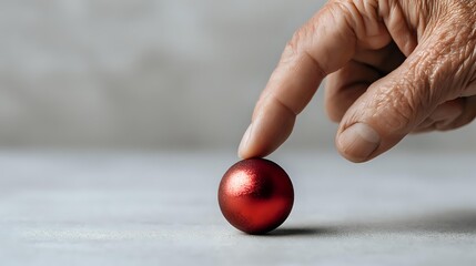 Elderly hand touching small red Christmas ball on neutral gray surface, symbolizing fragility, memory, and holiday nostalgia.