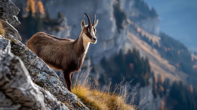 Chamois mountain goat standing on rocky slope in alpine landscape with dramatic mountain backdrop and autumn colors. - Powered by Adobe