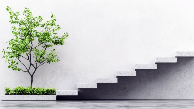 A solitary green tree with lush foliage stands in a planter box next to a series of minimalist concrete stairs that ascend against a stark white wall, creating - Powered by Adobe