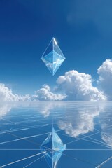 Surreal Infinite Floor Reflecting a Lone Floating Geometric Structure
