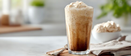 Refreshing iced coffee with whipped cream topping and chocolate syrup in tall glass on marble countertop, perfect for summer beverage menus.