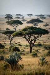 Vast Sunlit Savanna with Scattered Acacia Trees Across the Horizon
