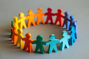 Colorful paper cutout figures holding hands in circle formation symbolizing unity, diversity, teamwork, and community support.