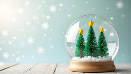 Christmas snow globe with miniature trees and falling snowflakes