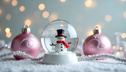 Snow globe with snowman and Christmas ornaments on a snowy surface
