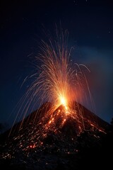 Blazing Lava Fountains Rising Against a Dark and Dramatic Night Sky
