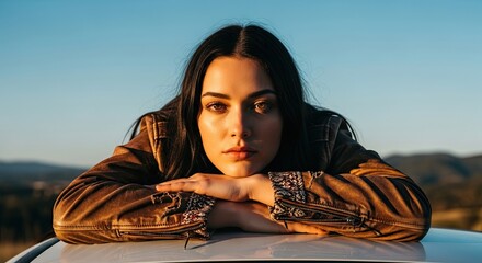 Stunning portrait of a beautiful young woman with long dark hair looking at the camera, illuminated by warm golden hour light as she rests on a car outdoors