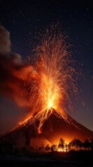 Blazing Lava Fountains Rising Against a Dark and Dramatic Night Sky
