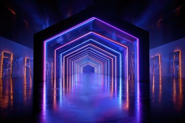 Surreal Infinite Corridor of Glowing Geometric Neon Patterns

